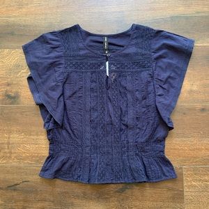 Boho Navy Blue Ruffle Flutter Sleeve Work Top S